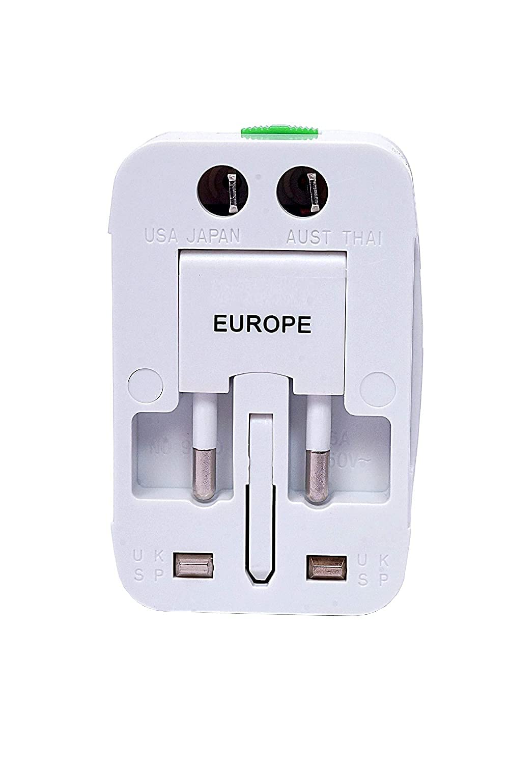 Universal travel adapter plugged into a power socket
