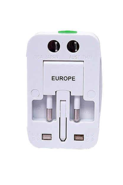 Universal travel adapter plugged into a power socket