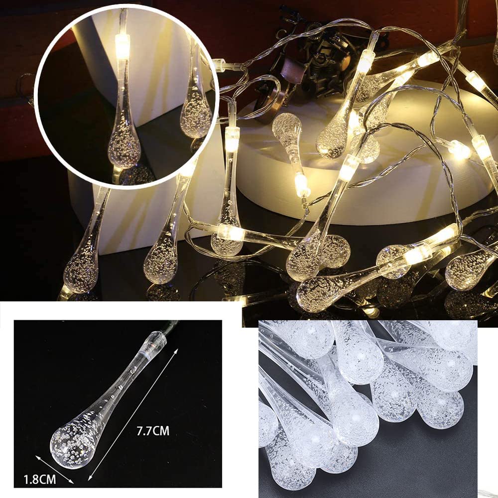 Warm white water drop LED string lights enhancing room decor