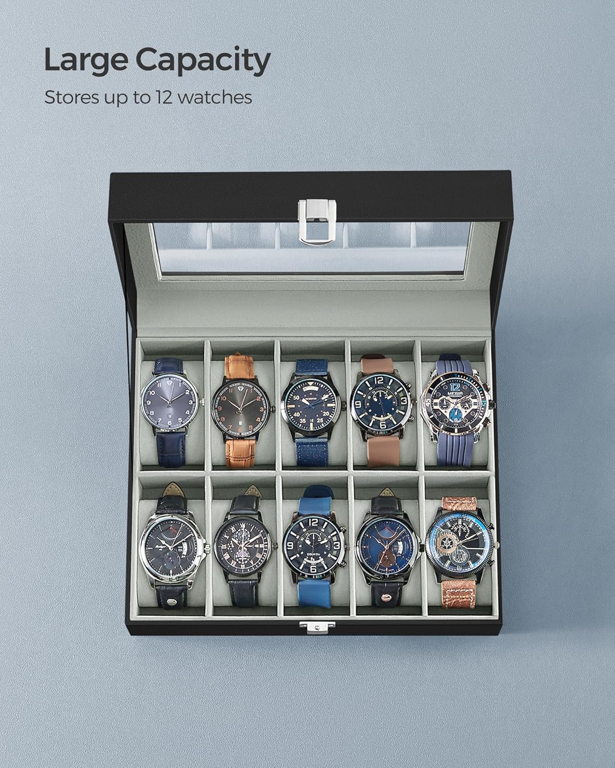 Watch storage box with sleek design and clear glass lid
