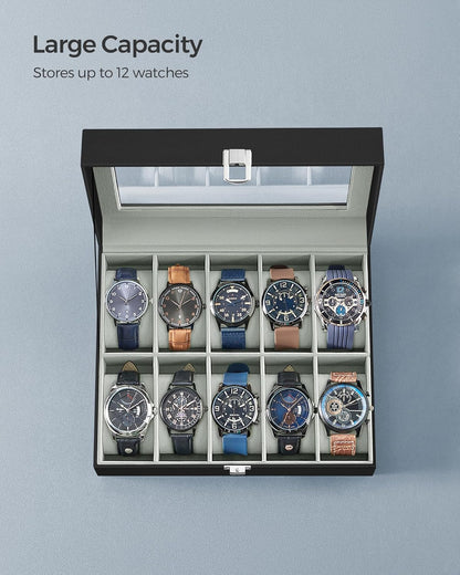Watch storage box with sleek design and clear glass lid