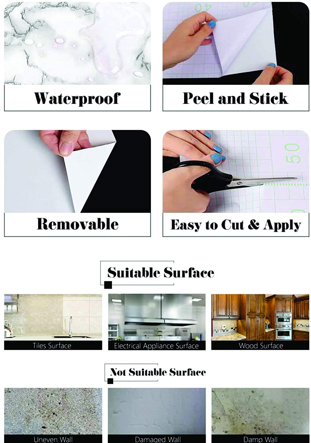 Waterproof and oil-proof white marble adhesive sheet on a kitchen shelf
