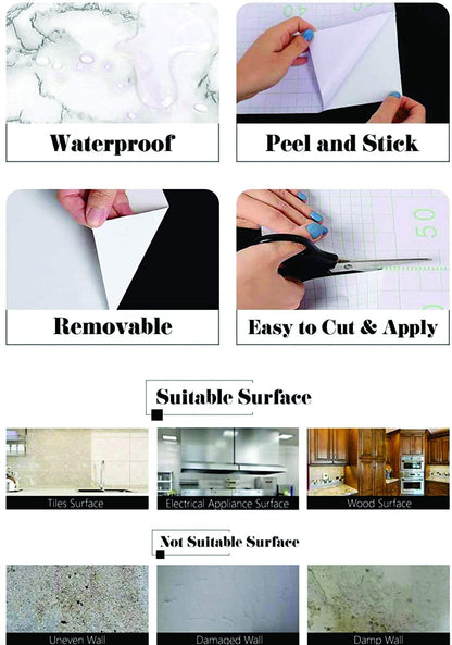 Waterproof and oil-proof white marble adhesive sheet on a kitchen shelf