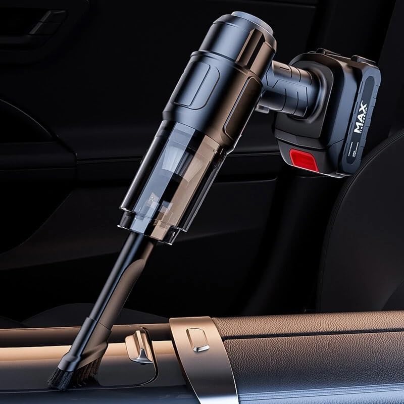 Wireless vacuum cleaner being used to clean car seats and carpets