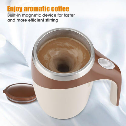 Magnetic stirring coffee mug in use, demonstrating smooth mixing of coffee with one-touch operation